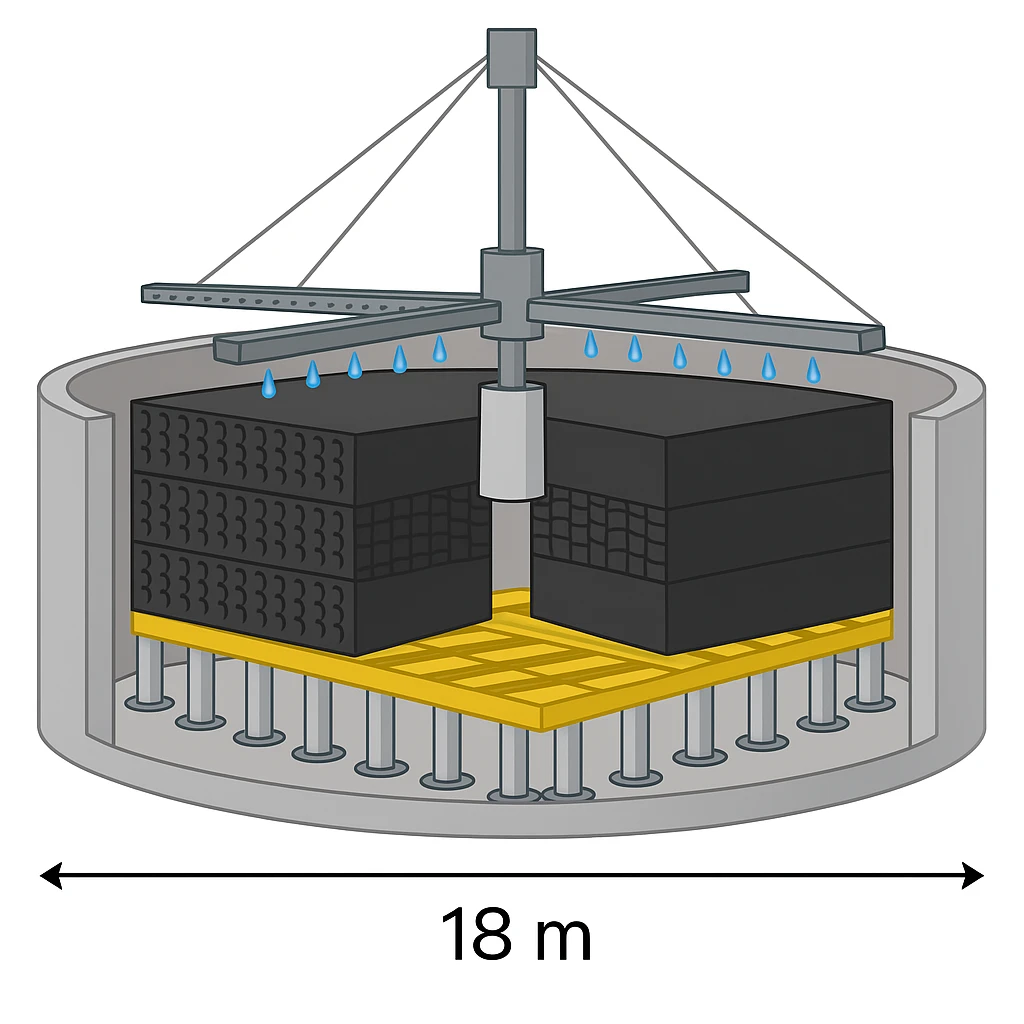 Esquema en corte de un filtro percolador de 18 m de diámetro con relleno plástico estructurado, distribuidor rotativo de cuatro brazos y plataforma de soporte.